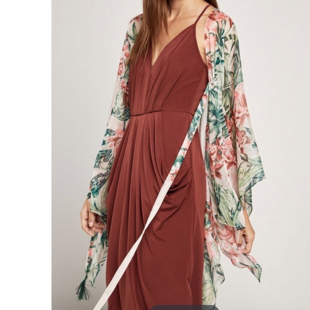 BCBGeneration Sheer Tropical Floral Kimono Wrap Cover-Up Boho Resort Tassel Tie - Picture 7 of 9